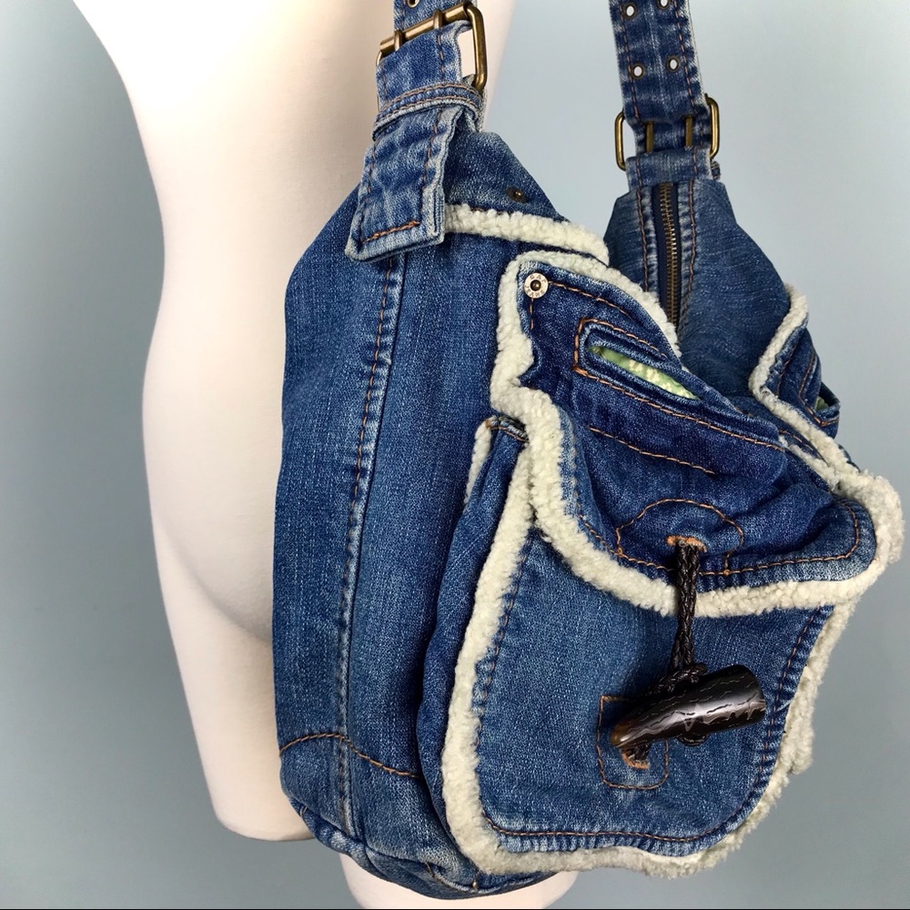 Gap 1969 Blue Denim Shearling Hobo Bag Jean Purse - Picture 7 of 14